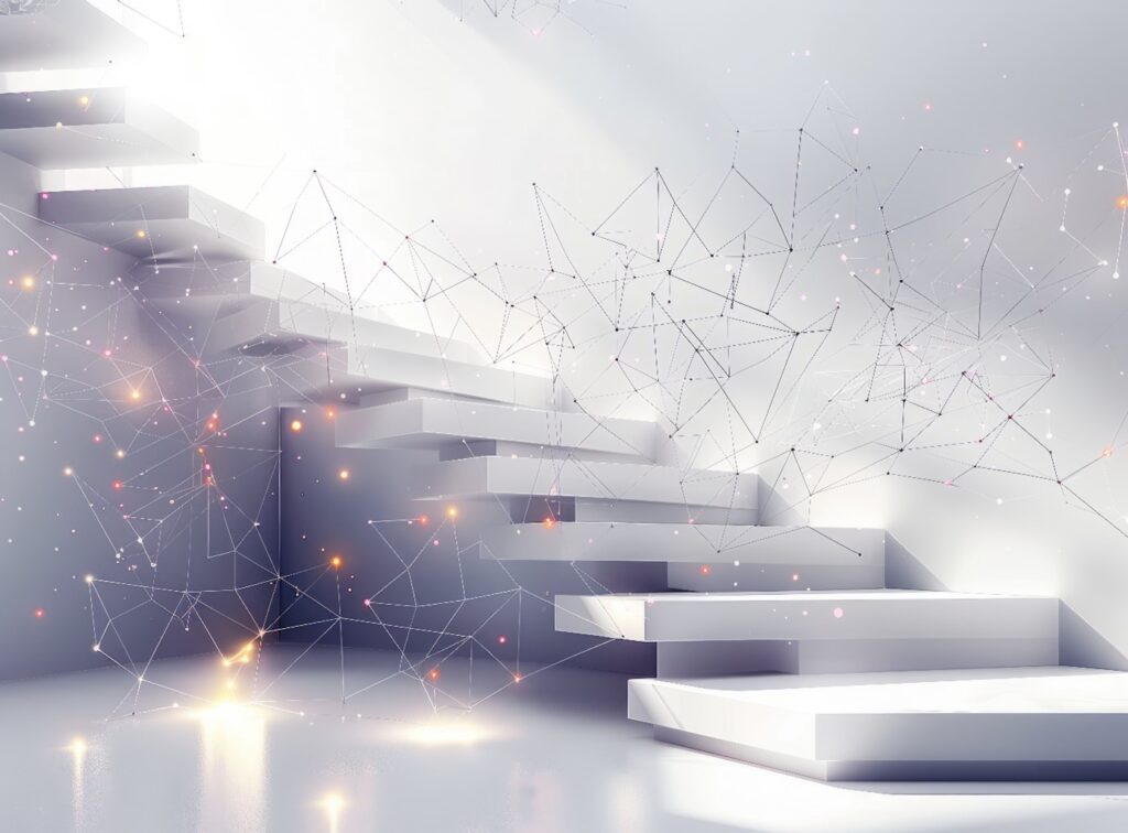 The image depicts a modern, abstract staircase leading upward, set in a bright, white, minimalist environment. Ethereal, glowing lines and nodes, resembling a constellation or network, float around the staircase, creating a sense of connectivity and digital integration. Soft light illuminates the scene, adding a futuristic and dreamlike quality to the overall composition.