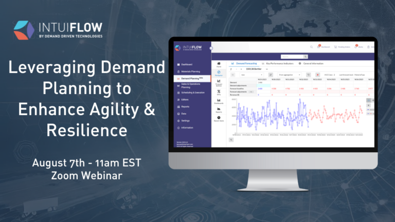 Webinar promo image showing demand planning software on a screen. Text: "Leveraging Demand Planning to Enhance Agility & Resilience, August 7th, 11am EST, Zoom Webinar.