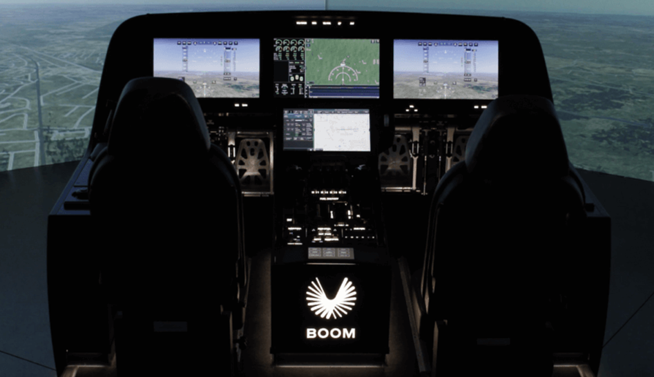 The futuristic cockpit of the Boom Overture aircraft.