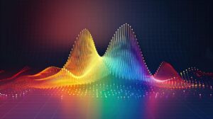 A vibrant, multicolored 3D wave-like graph with peaks and valleys, representing data points on a grid with a dark gradient background. The colors range from yellow, green, blue, to red, creating a dynamic, abstract visualization.