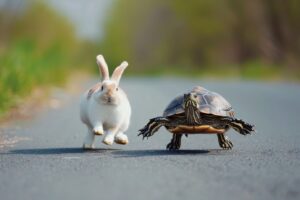 A rabbit and a turtle are on a paved road, seemingly engaged in a race. The rabbit is mid-hop, while the turtle moves steadily on all fours. The background is blurred, suggesting an outdoor setting, possibly along a forest or park path.