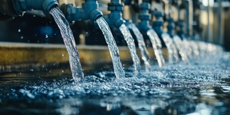 A row of pipes releasing streams of water into a reservoir, illustrating a water filtration or supply system.