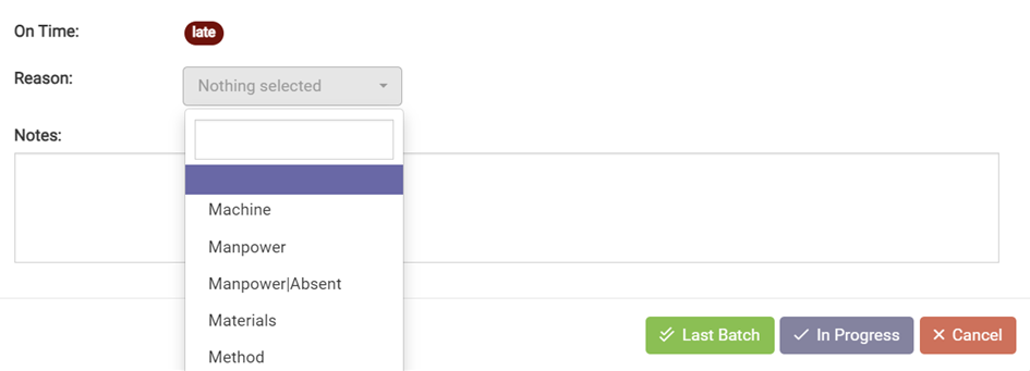 The image shows a user interface for logging late tasks. It displays the status "On Time: late" in red, with a dropdown menu labeled "Reason" where options such as "Machine," "Manpower," "Manpower/Absent," "Materials," and "Method" can be selected. Below the dropdown, there is a notes field for additional details. At the bottom, there are three buttons: "Last Batch" (green), "In Progress" (purple), and "Cancel" (red).   