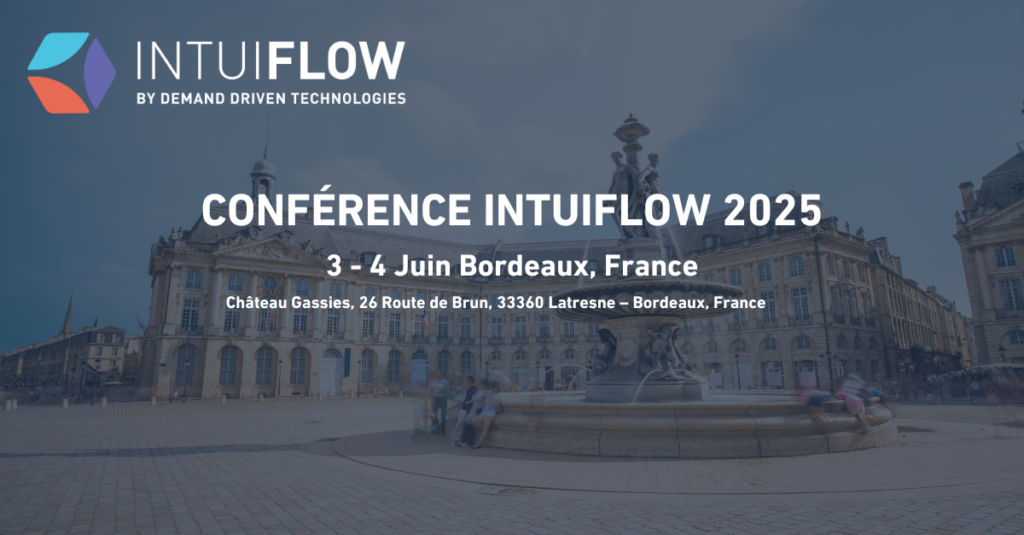 A promotional graphic for the Intuiflow 2025 conference by Demand Driven Technologies, featuring text overlaid on an image of a historic building and fountain in Bordeaux, France. The text details the event location: Château Gassies, 26 Route de Brun, 33360 Latresne – Bordeaux, France, and the dates: June 3-4, 2025. The Intuiflow logo is positioned at the top left corner.