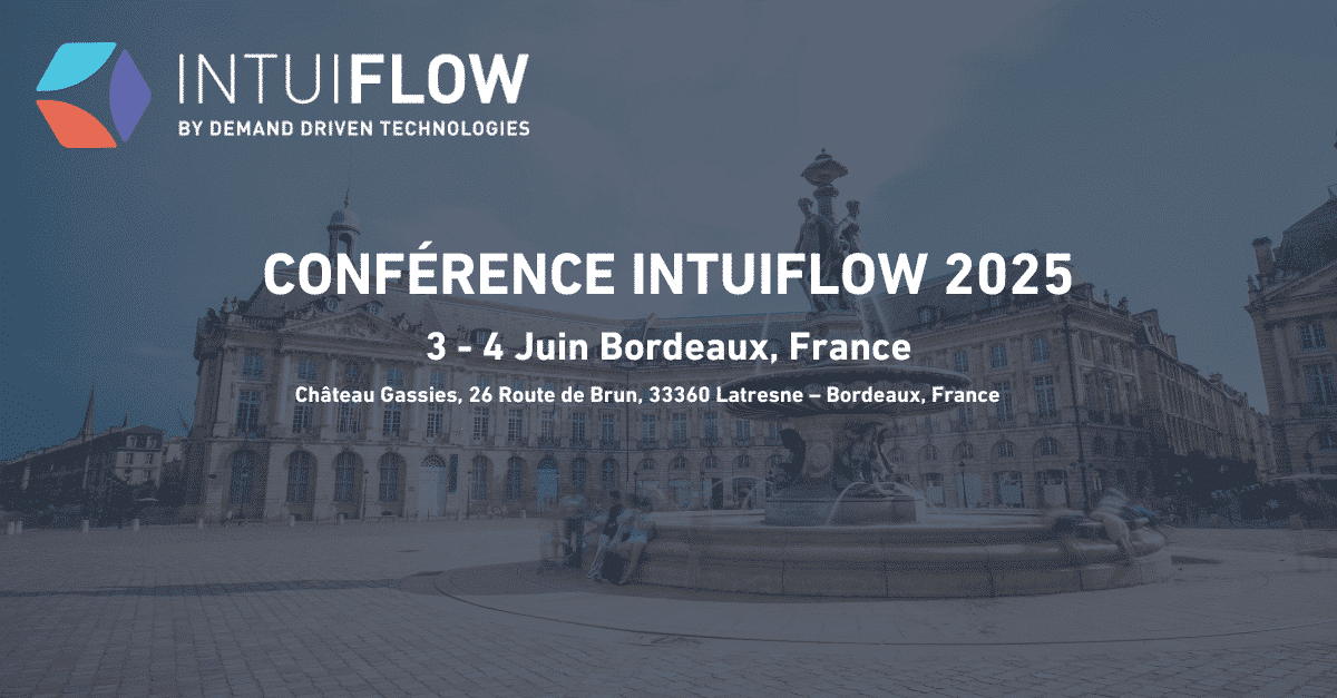 A promotional graphic for the Intuiflow 2025 conference by Demand Driven Technologies, featuring text overlaid on an image of a historic building and fountain in Bordeaux, France. The text details the event location: Château Gassies, 26 Route de Brun, 33360 Latresne – Bordeaux, France, and the dates: June 3-4, 2025. The Intuiflow logo is positioned at the top left corner.
