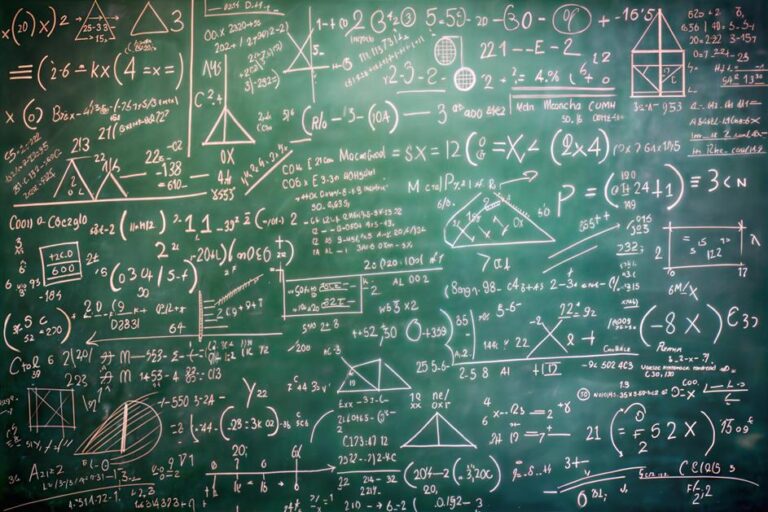 The image shows a chalkboard filled with complex mathematical equations, geometric diagrams, and algebraic expressions written in white chalk. The board is densely covered with symbols, numbers, and calculations, creating an intricate and detailed academic scene.