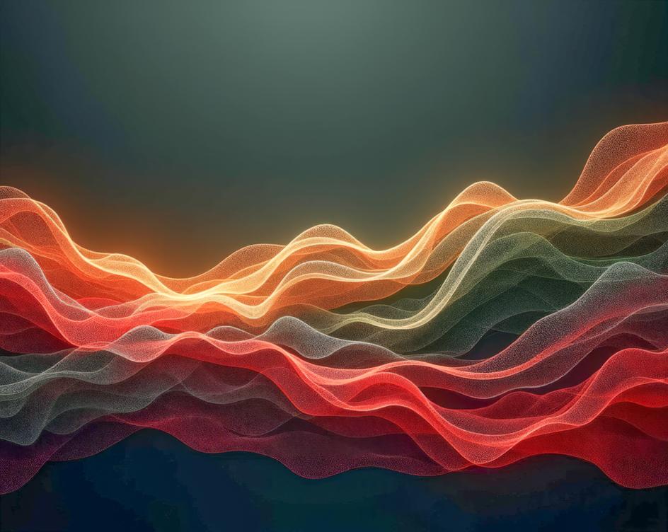 A vibrant digital artwork featuring flowing, wave-like structures in warm hues of red, orange, and gold, set against a dark, gradient background.