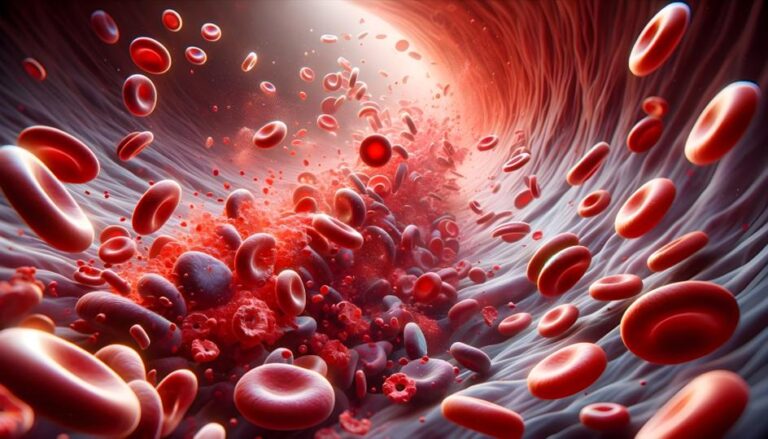 Artistic depiction of red blood cells and platelets flowing through a blood vessel, lit from above.