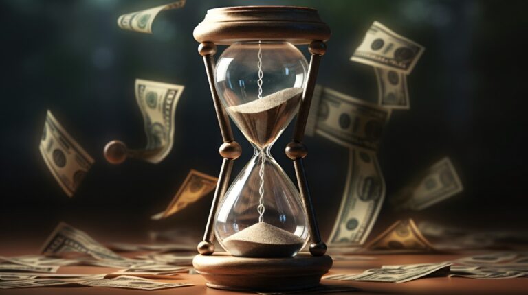 An hourglass with sand flowing through the narrow center, set against a dark background with floating and scattered dollar bills, symbolizing the concept of time and money.