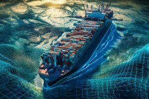 Tanker ship sailing through a digital ocean