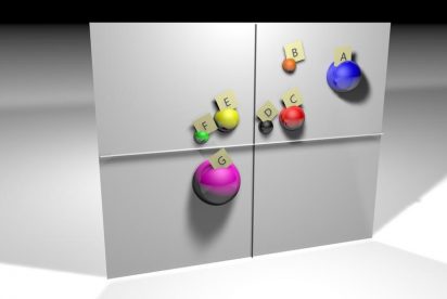 A 3D scatterplot with colorful spheres labeled A-G placed on a grid divided into quadrants. The spheres vary in size and are color-coded, positioned on a reflective surface.