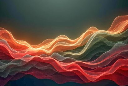 A vibrant digital artwork featuring flowing, wave-like structures in warm hues of red, orange, and gold, set against a dark, gradient background.