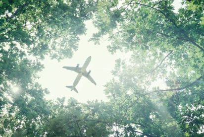 Airplane flying over the woods