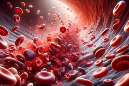 Artistic depiction of red blood cells and platelets flowing through a blood vessel, lit from above.