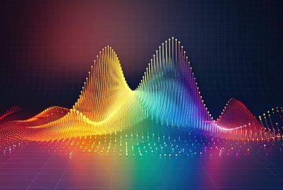 A vibrant, multicolored 3D wave-like graph with peaks and valleys, representing data points on a grid with a dark gradient background. The colors range from yellow, green, blue, to red, creating a dynamic, abstract visualization.